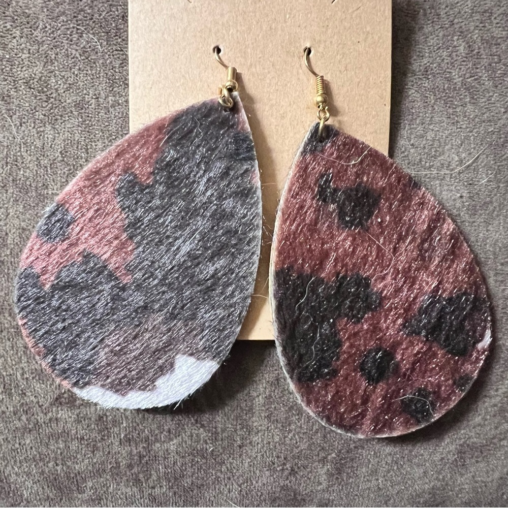 Hair On Hide Faux Leather Jeweled Teardrop Dangle Drop Earrings - Picture 6 of 10